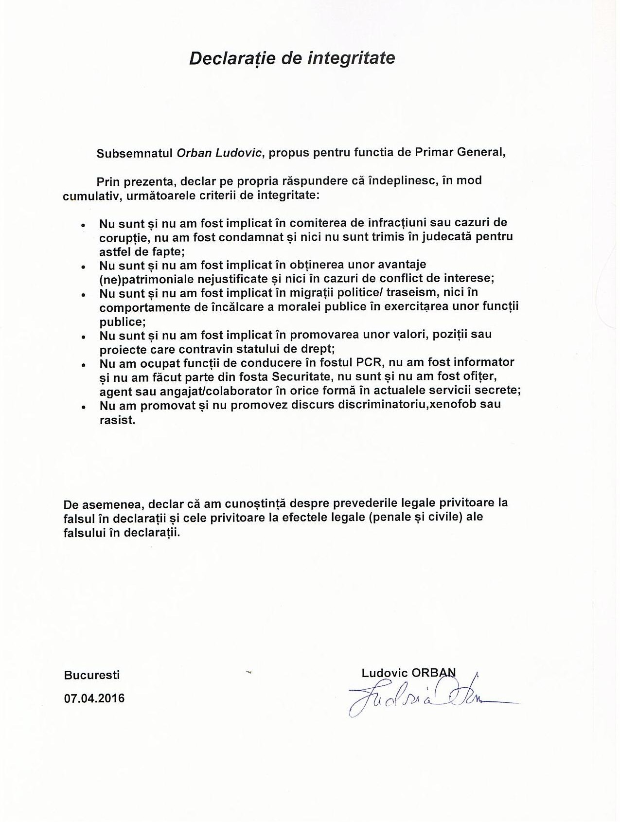 declaratie integritate orban