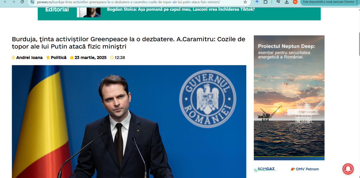 Dezinformare: PS News preia ”știrea” cu atacul din postarea lui Andrei Caramitru, de pe pe Facebook. În dreapta: PS News primește publicitate de la la Romgaz și OMV pentru a promova proiectul Neptun Deep, contestat de Greenpeace. Foto: captură de ecran