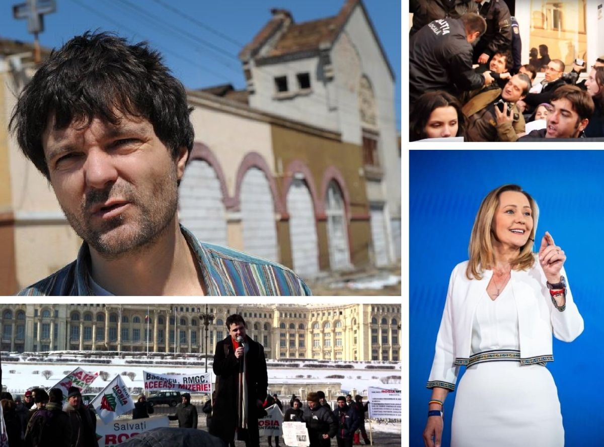 Nicușor Dan - Hala Matache, Occupy Conti, Roșia Montană. Foto: colaj România Curată