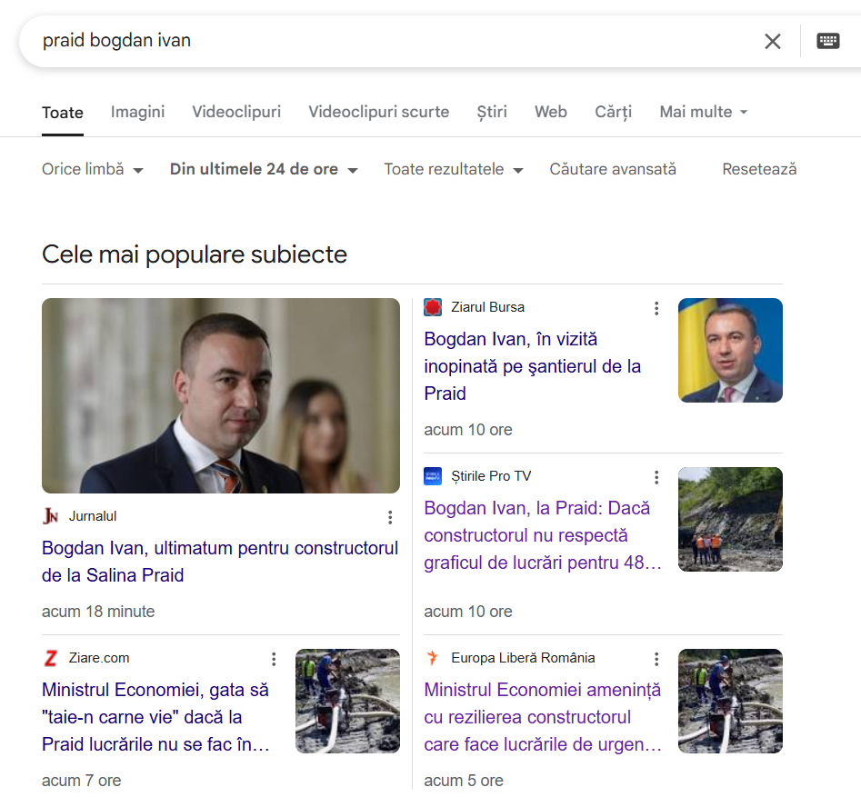 Cele mai populare subiecte cu căutarea ”praid bogdan ivan”, pe 16 iunie 2025. Foto: captură de ecran