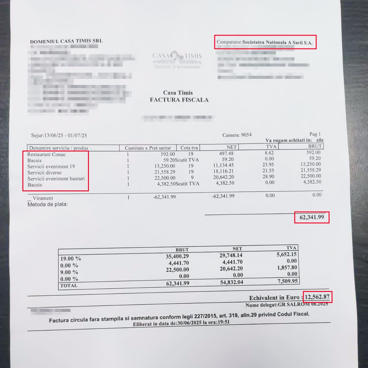 Factura plătită de Salrom pentru un bairam la Casa Timiș. făcută publică de ministrul Economiei, Radu Miruță