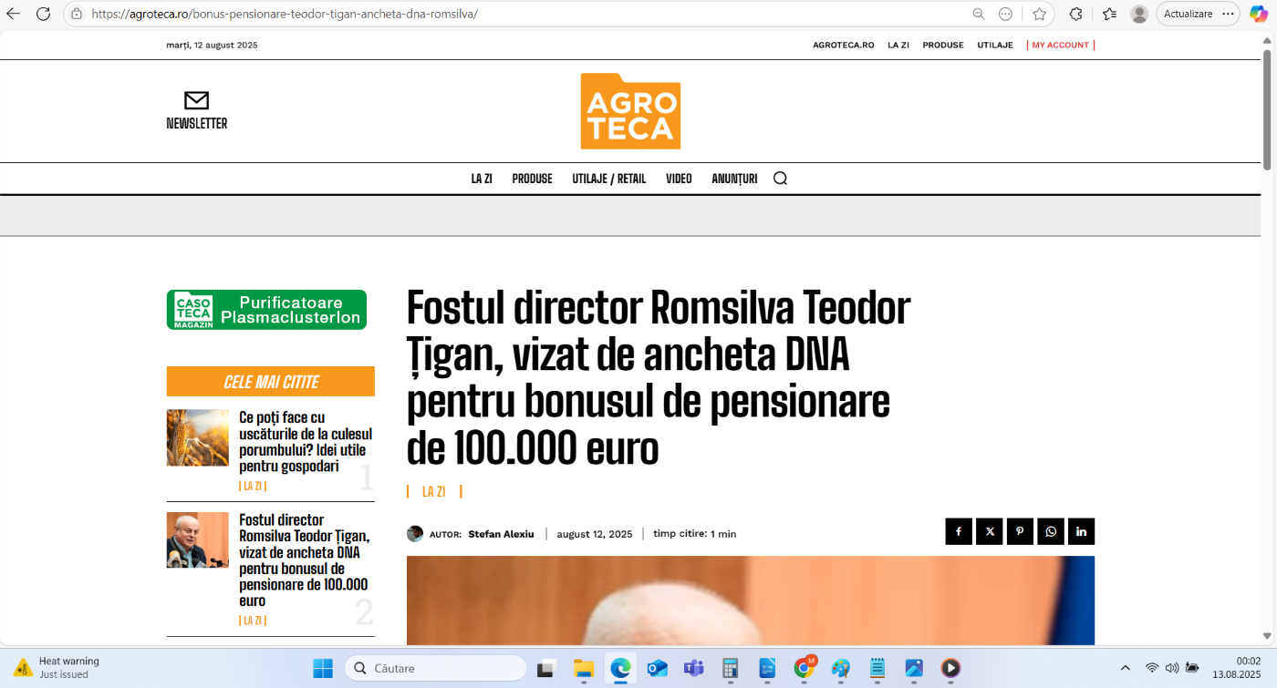 Preluare anchetă dezvăluiri România Curată despre directorii Romsilva pe Agroteca