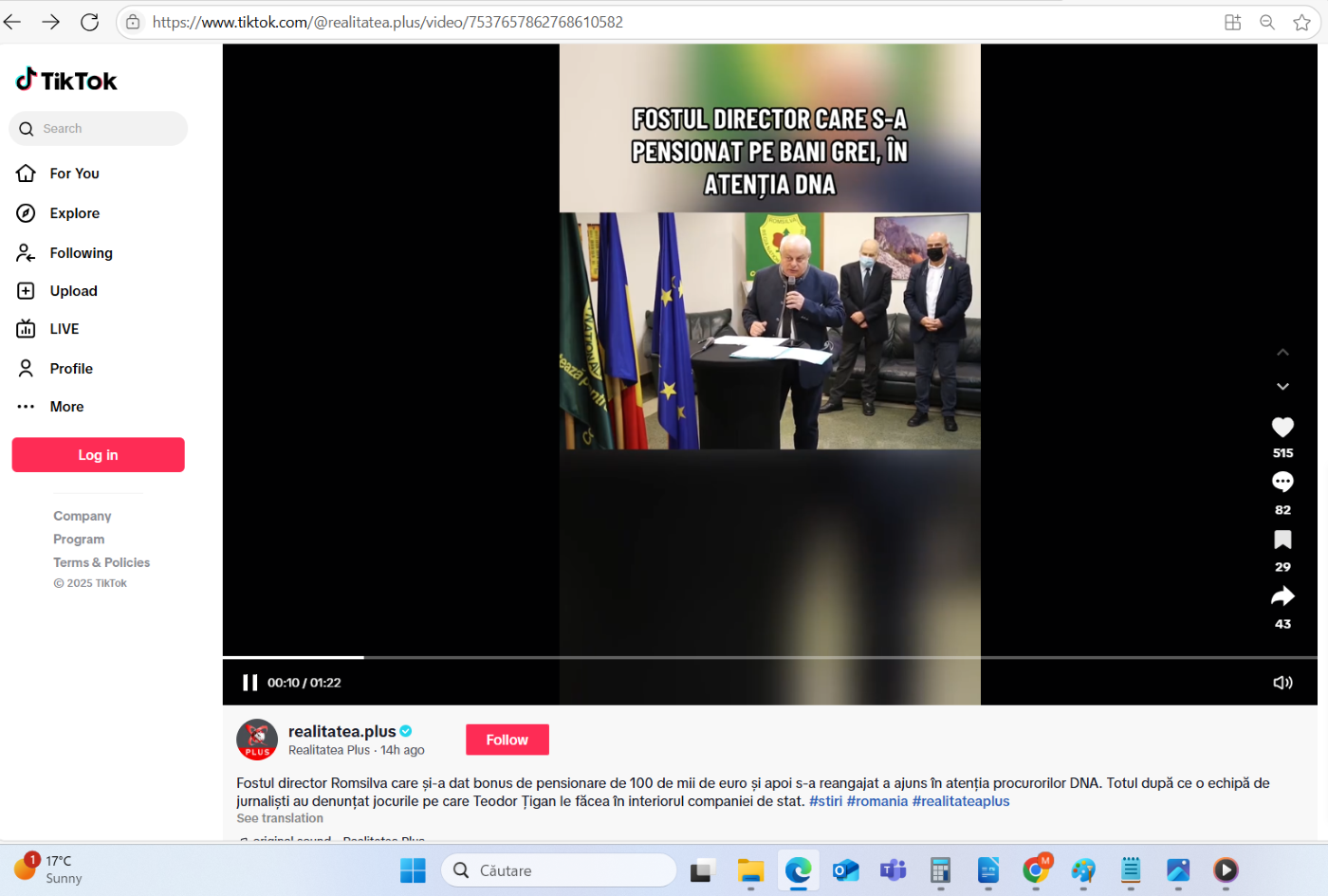 Preluare anchetă dezvăluiri România Curată despre directorii Romsilva pe Realitatea Plus (Tik-Tok)