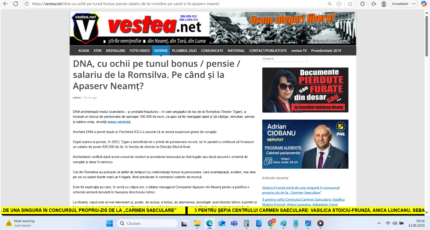 Preluare anchetă dezvăluiri România Curată despre directorii Romsilva pe Vestea