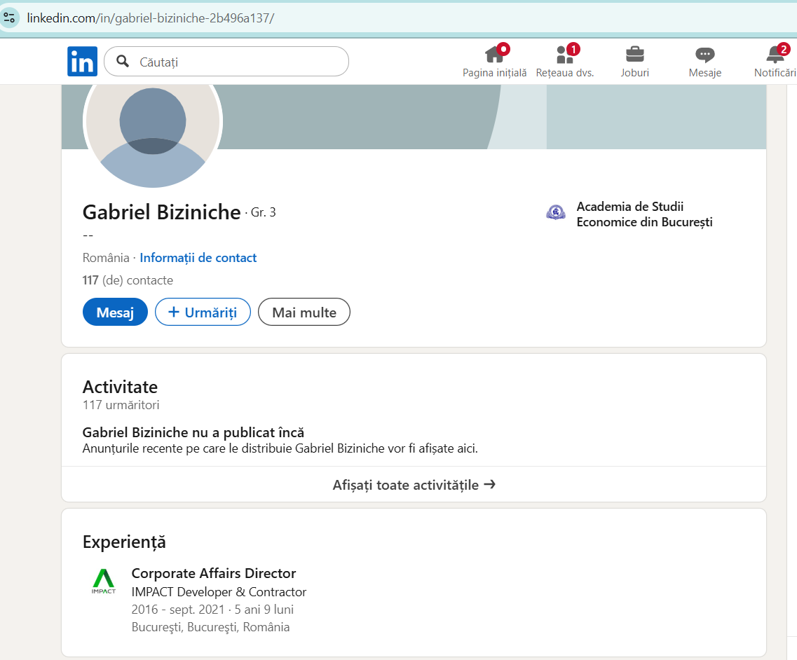 Gabriel Biziniche Impact Greenfield, captură ecrean LinkedIn, 4 septembrie