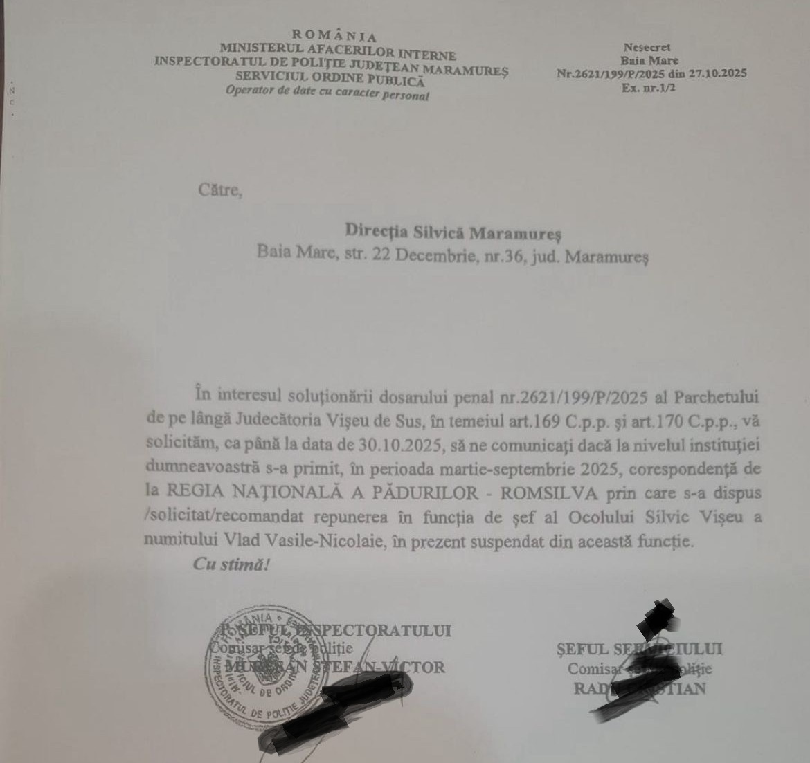 Adresă IPJ Maramureș către DS Maramureș