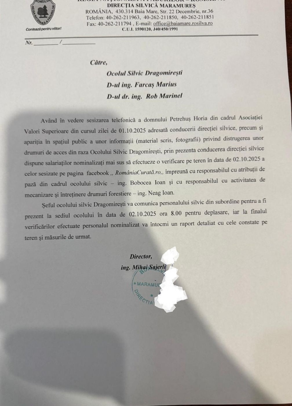 Dispoziția directorului DS Maramureș, Mihai Sajerli, de dispunere a unui control la OS Dragomirești