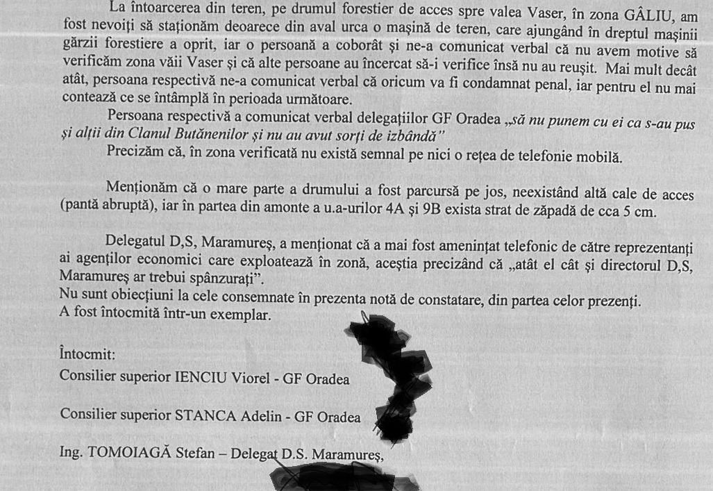 Fragment din nota de constatare a Gărzii Forestiere Oradea. Amenințări în pădure, de la Clanul Cofenilor