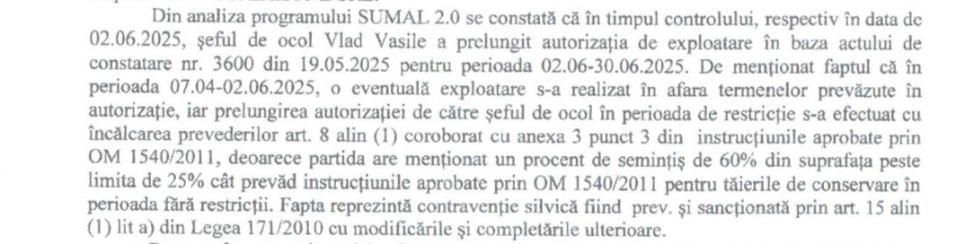 Fragment din procesul verbal de cercetare la fața locului. Șeful Ocolului Silvic Vișeu, Vasile Vlad, acoperă Vor Zakone