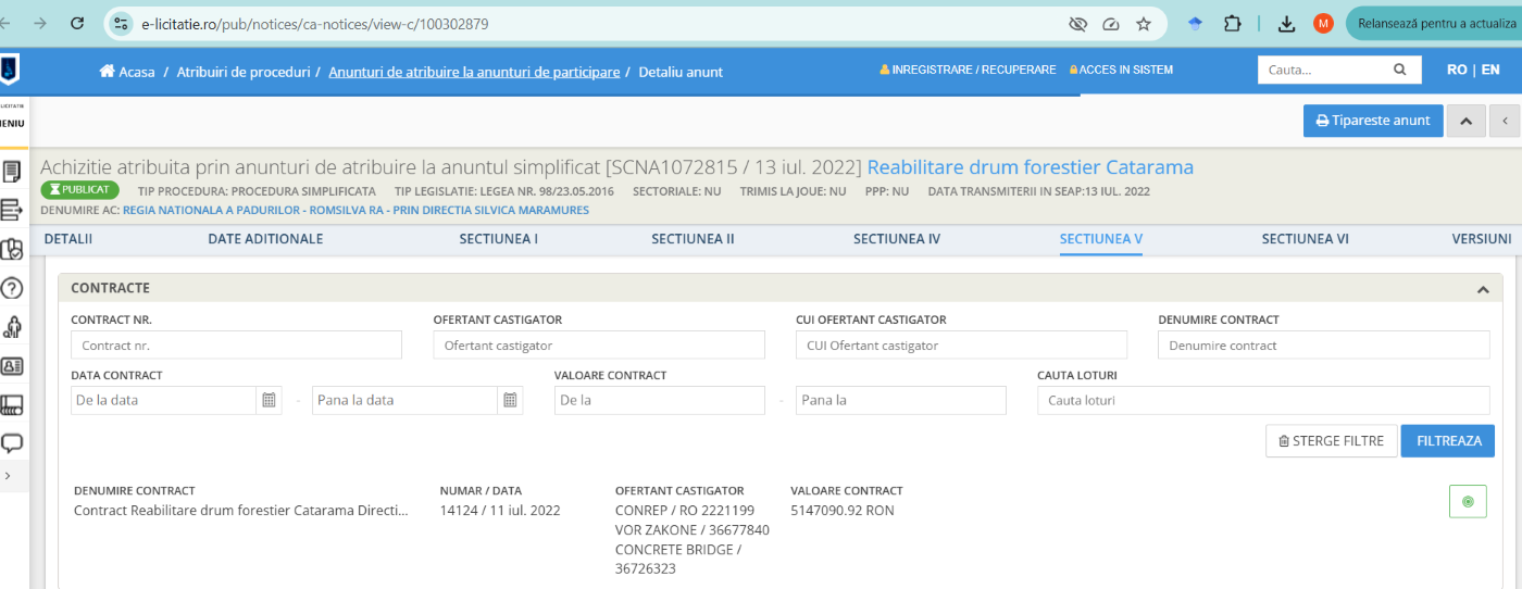 Vor Zakone, câștigător al licitației pentru drumul forestier Catarama, OS Vișeu, DS Maramureș, Romsilva