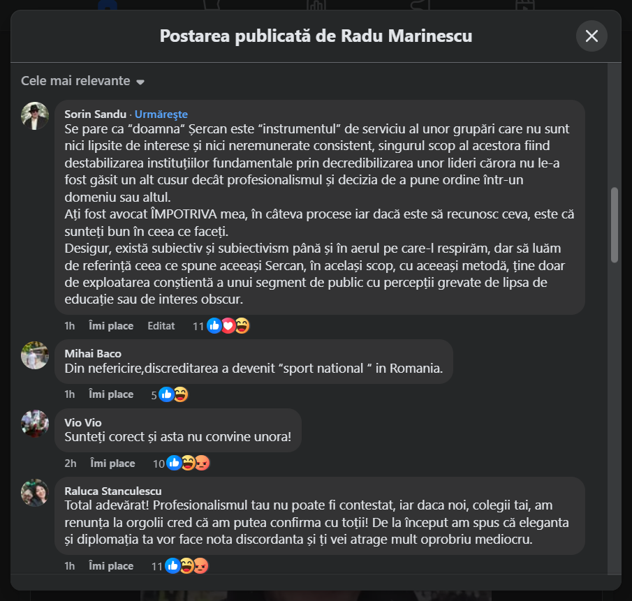 Reacții la ministrul Justiției, Radu Marinescu, pe pagina de Facebook, după acuzațiile de plagiat făcute de Emilia Șercan 1