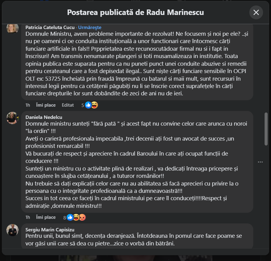 Reacții la ministrul Justiției, Radu Marinescu, pe pagina de Facebook, după acuzațiile de plagiat făcute de Emilia Șercan 2