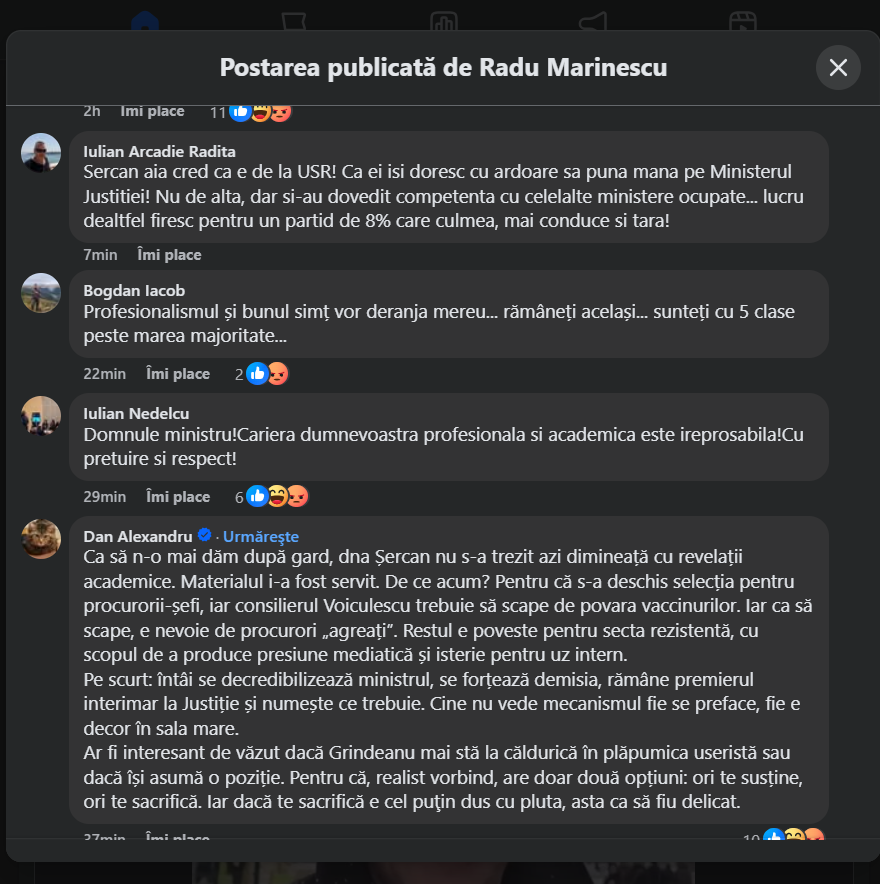 Reacții la ministrul Justiției, Radu Marinescu, pe pagina de Facebook, după acuzațiile de plagiat făcute de Emilia Șercan 3