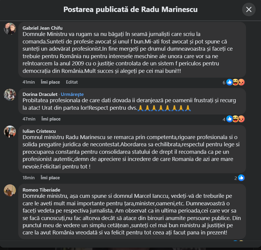 Reacții la ministrul Justiției, Radu Marinescu, pe pagina de Facebook, după acuzațiile de plagiat făcute de Emilia Șercan 4