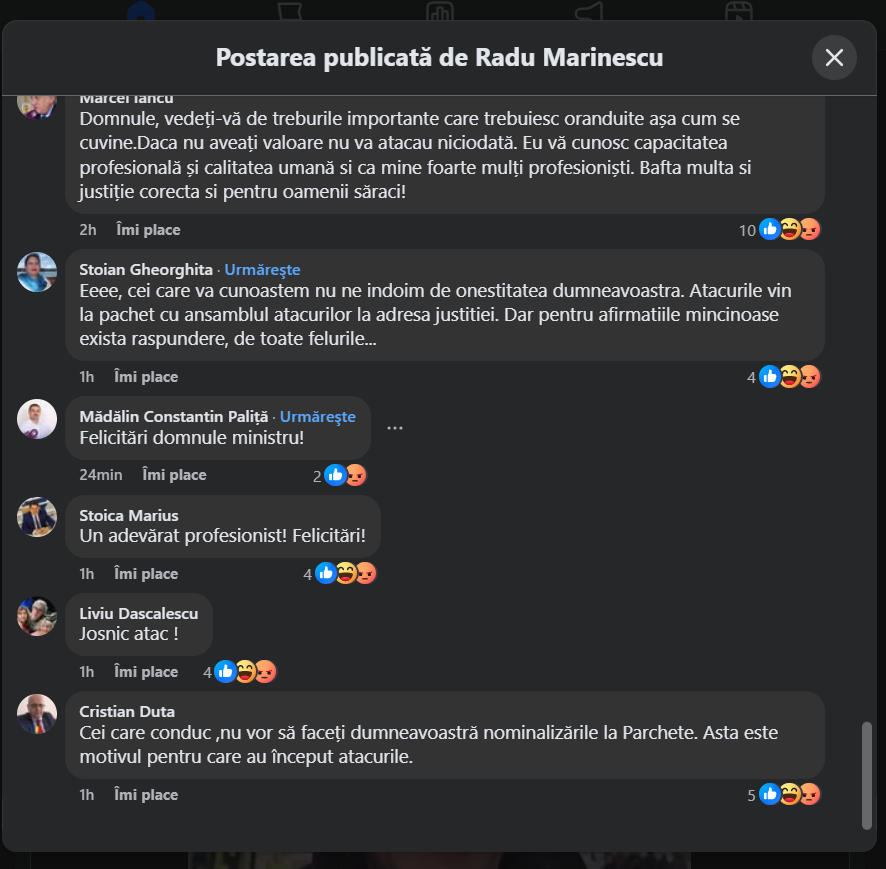 Reacții la ministrul Justiției, Radu Marinescu, pe pagina de Facebook, după acuzațiile de plagiat făcute de Emilia Șercan 5