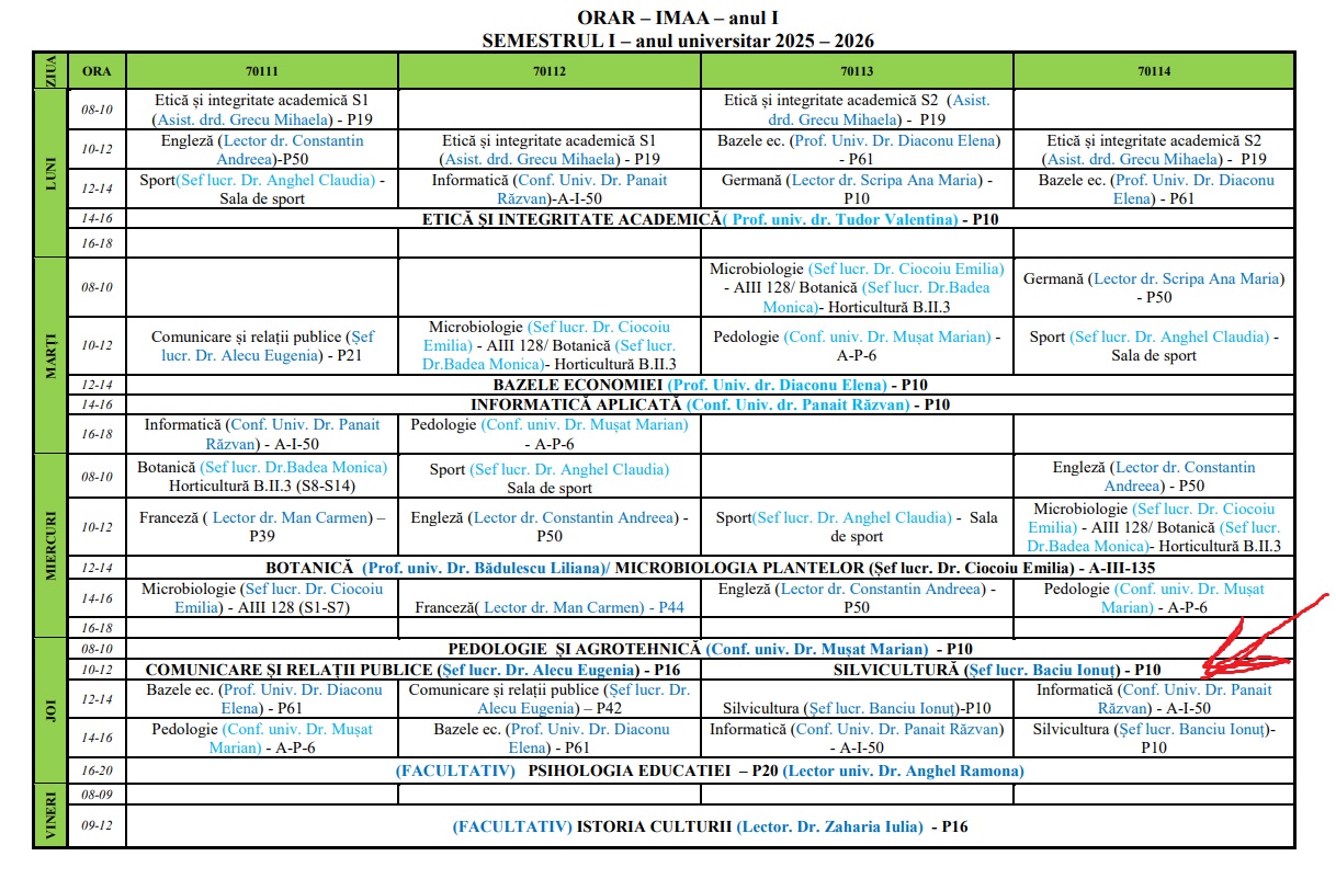Orar USAMV, Ionuț Sorin Banciu, șef lucrări