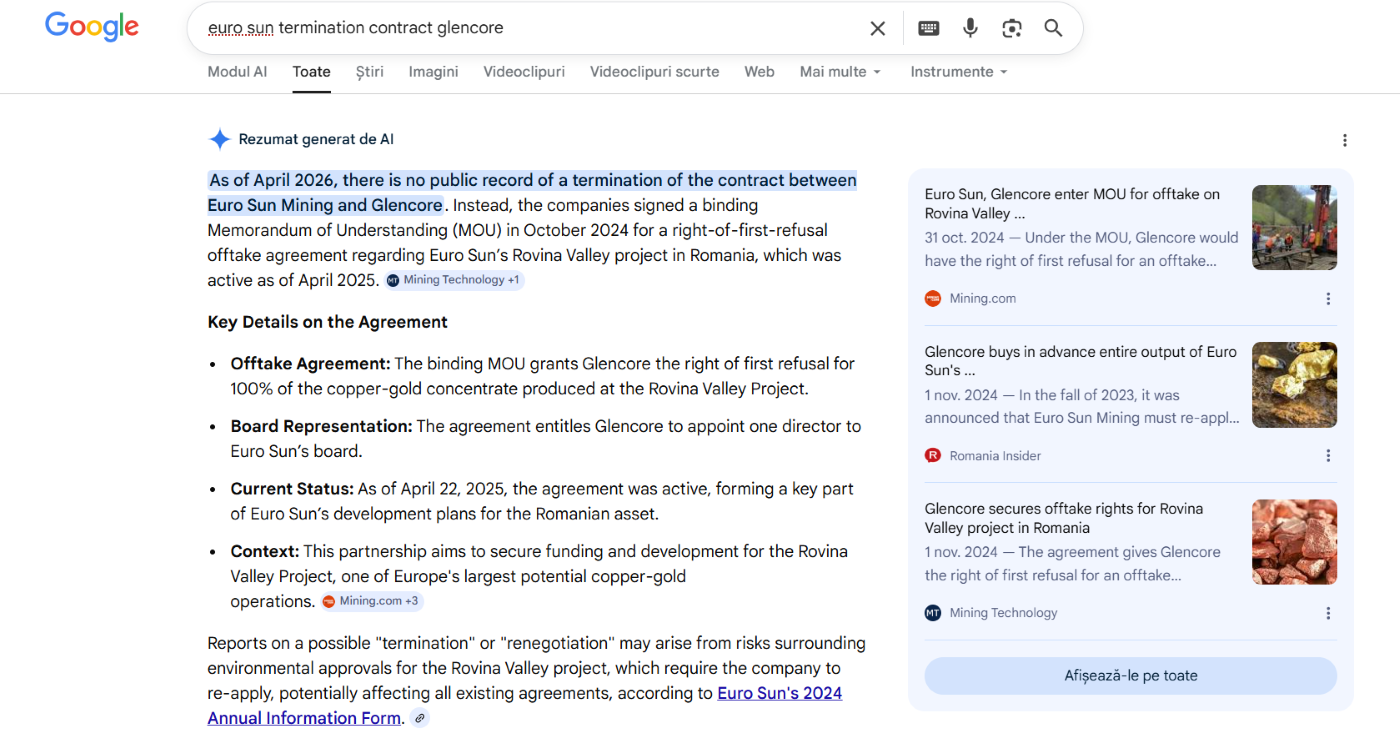 Rezumatul AI Google despre rezilierea contractului dintre Euro Sun Mining și Glencore