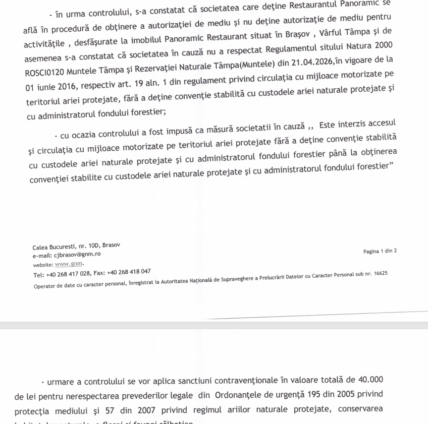 Restaurant Copos muntele tâmpa, brașov, amendă garda de mediu