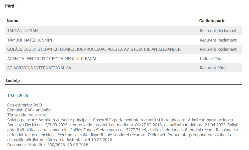 Decizia Curții de Apel Bacău, Agricola