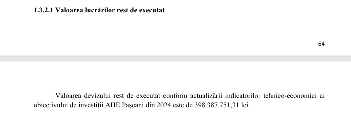 Valoare lucrări de executat AHE Pașcani