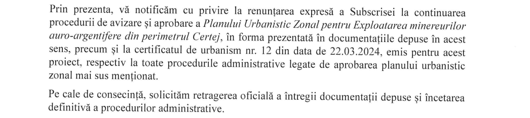 Renunțarea proces de avizare PUZ Certej