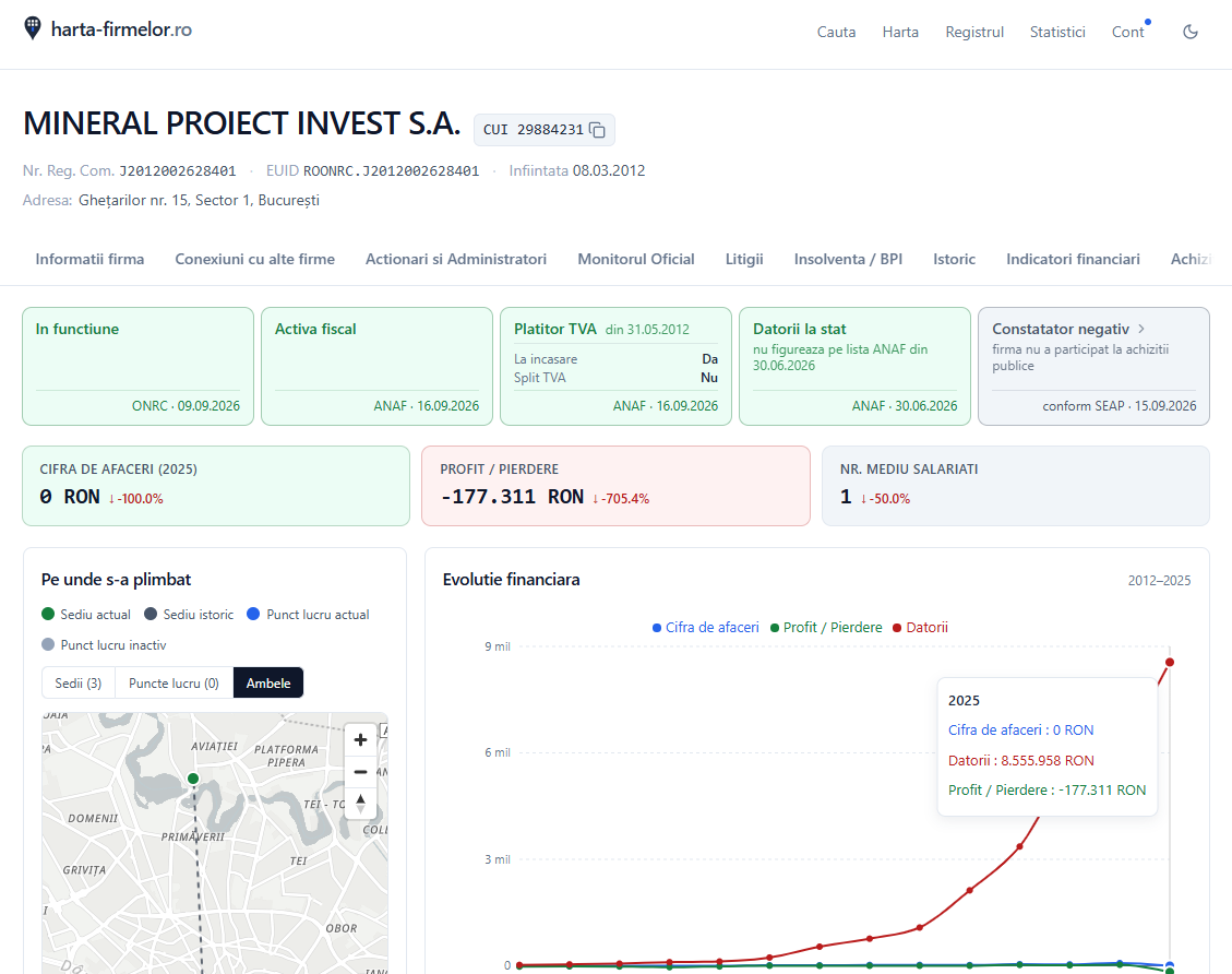 Mineral Proiect Invest, cifră de afaceri 2025. Sursa: Harta-firmelor.ro