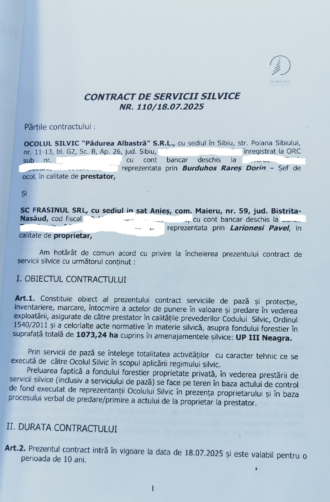 Contract de pază Pădurea Banffy Frasinul 1